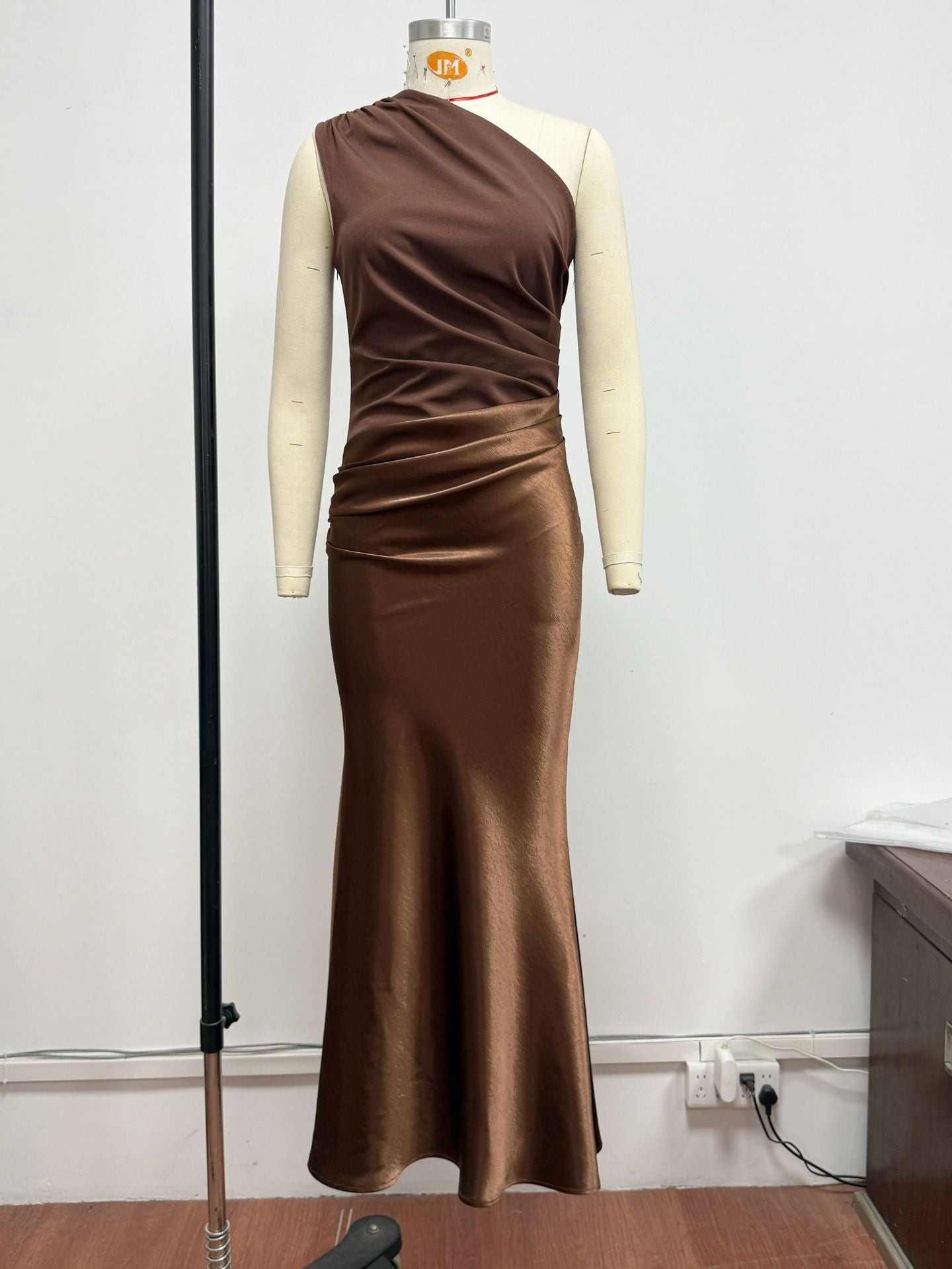 Color Diagonal Collar Sleeveless Maxi Slant Dress