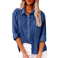 Women's Autumn Pocket Split Long Sleeve Cotton Blouse