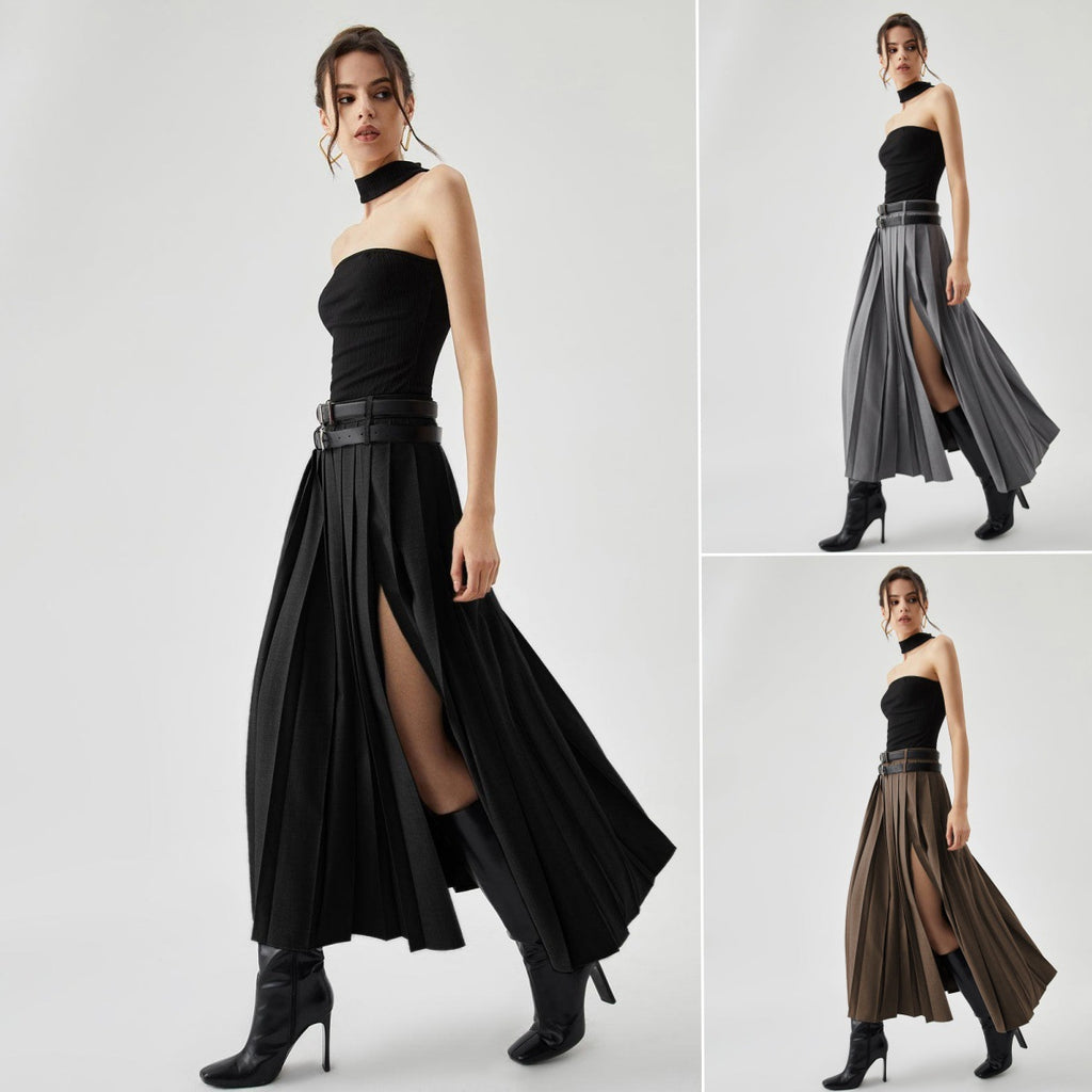 Women's Gray Pleated High Waist Slimming Slit Skirt