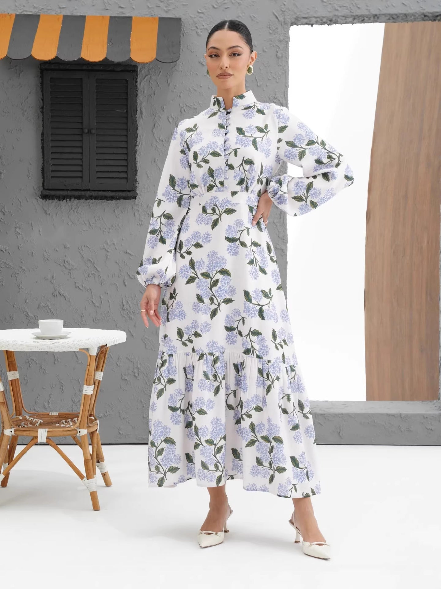 Women's Printed Bag Buckle Shirt Collar Long Dress