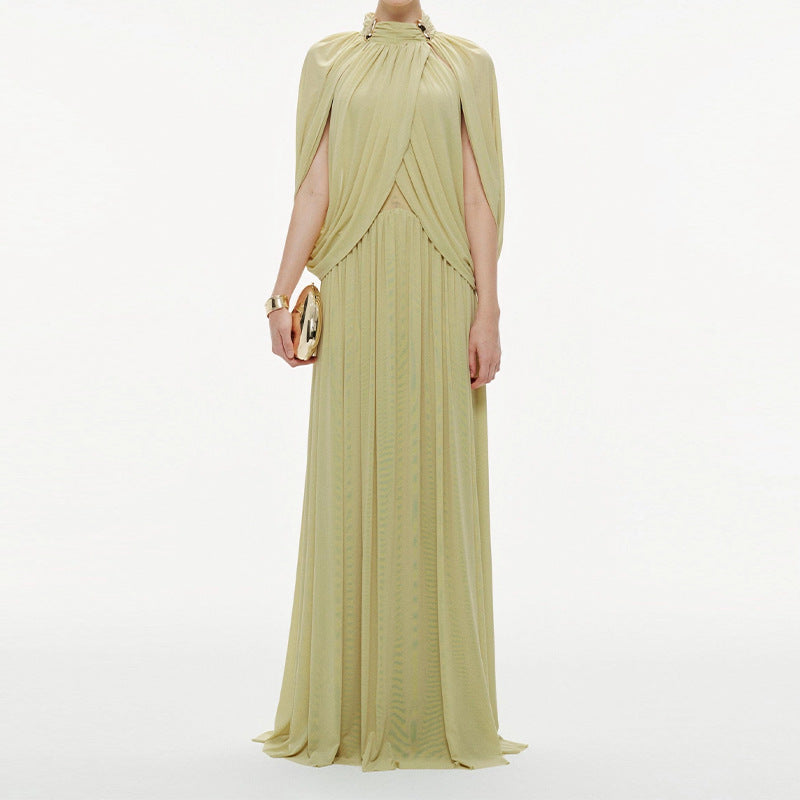 Women's Pleated Elegant Round Neck Simple Chiffon Dress