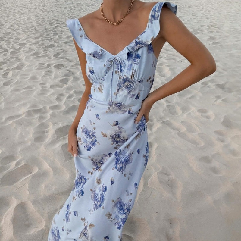 Women's Low-cut Hot Vacation Style Vintage Printed Dress