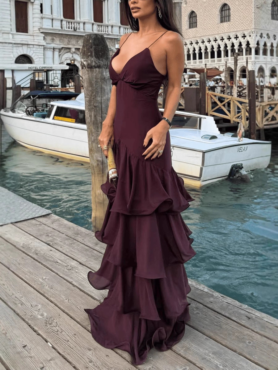 Women's French Deep V Tube Cinched Waist Sling Dress