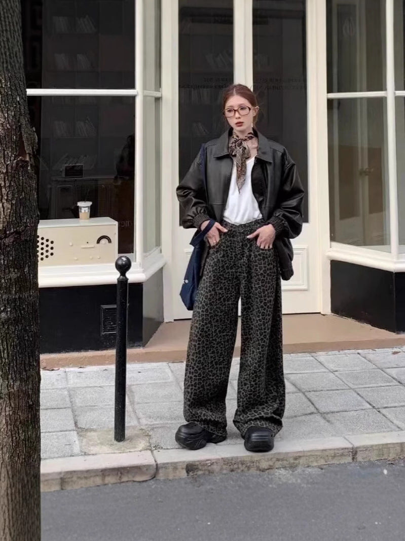 Women's & Men's Leopard Print Washed Distressed Straight Loose High Street Pants