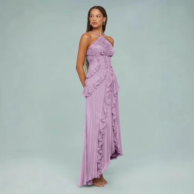 Women's Chiffon Ruffled Pleated Design Slimming Midi Fast Dress