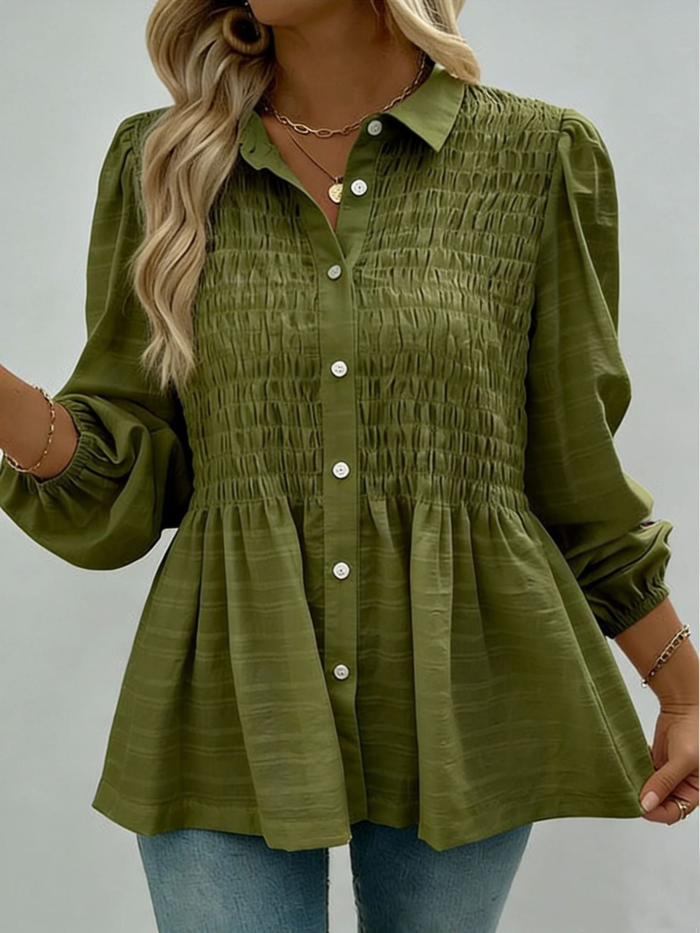 Women's Solid Color Buttons Casual Fashion Long Sleeve Blouse