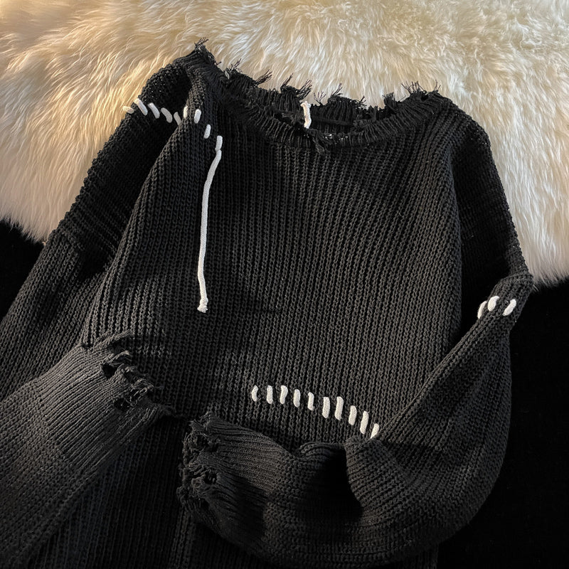 Design Sense Niche Male Female Trendy Ripped Round Neck Loose Women's Sweater