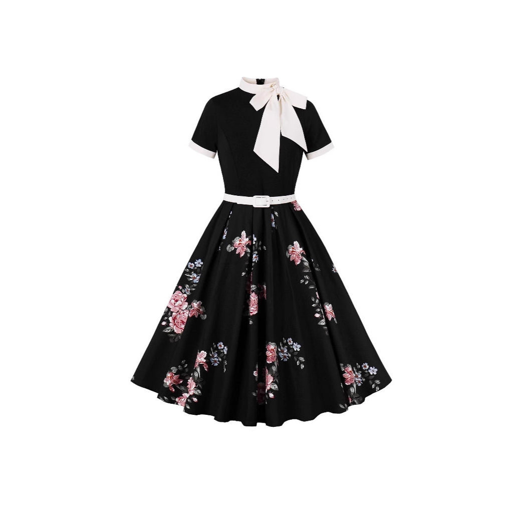 Women's Retro Hepburn Printed Floral Polka Dot Dress