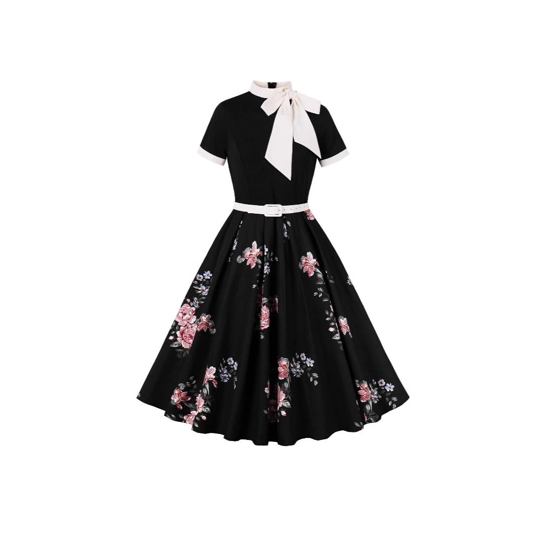 Women's Retro Hepburn Printed Floral Polka Dot Dress