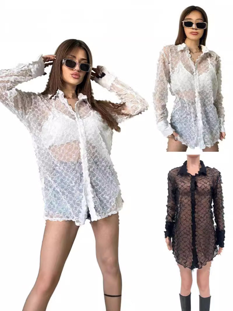 Women's Casual Fashionable Outerwear Mesh Shirt Color Blouse