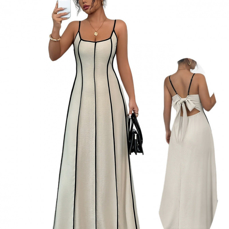 Women's Summer Spaghetti Strap Backless Color Matching Dress