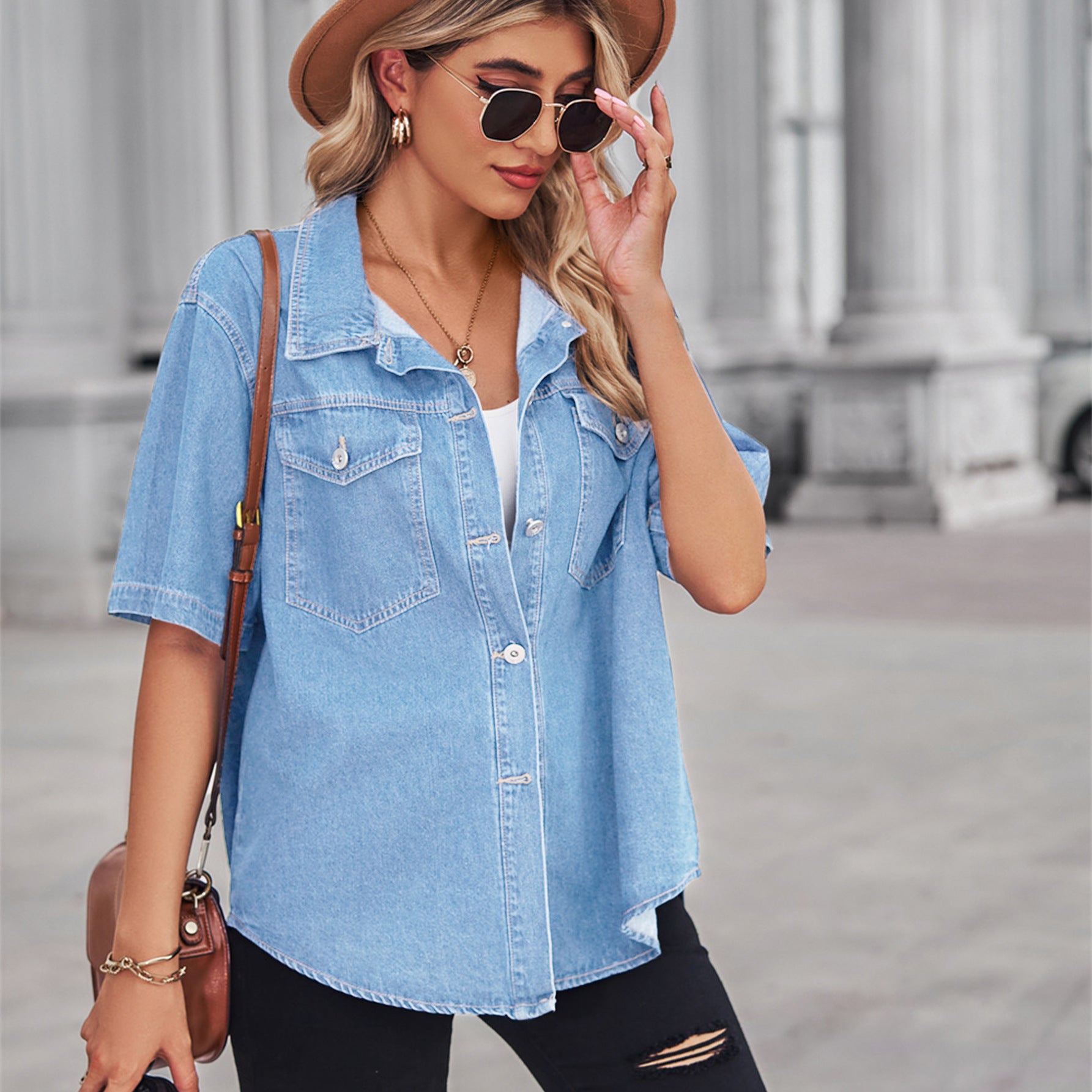 Women's Washed Thin Denim Shirt Sleeve For Blouse