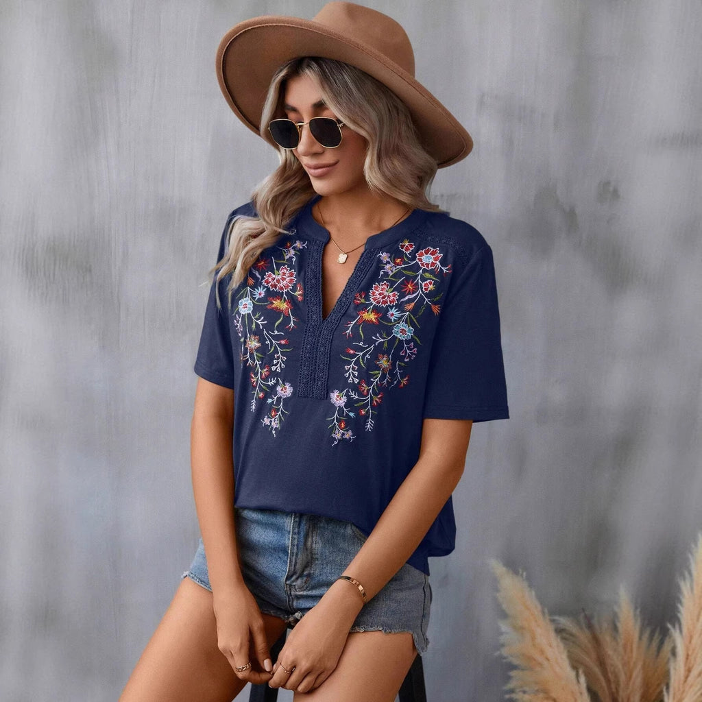 Women's Summer Fashion Ten Thousand Needles Embroidery Stitching Blouses