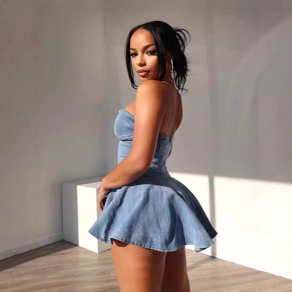 Women's Sleeveless Fashion Temperament Denim Sexy Hot A- Dress