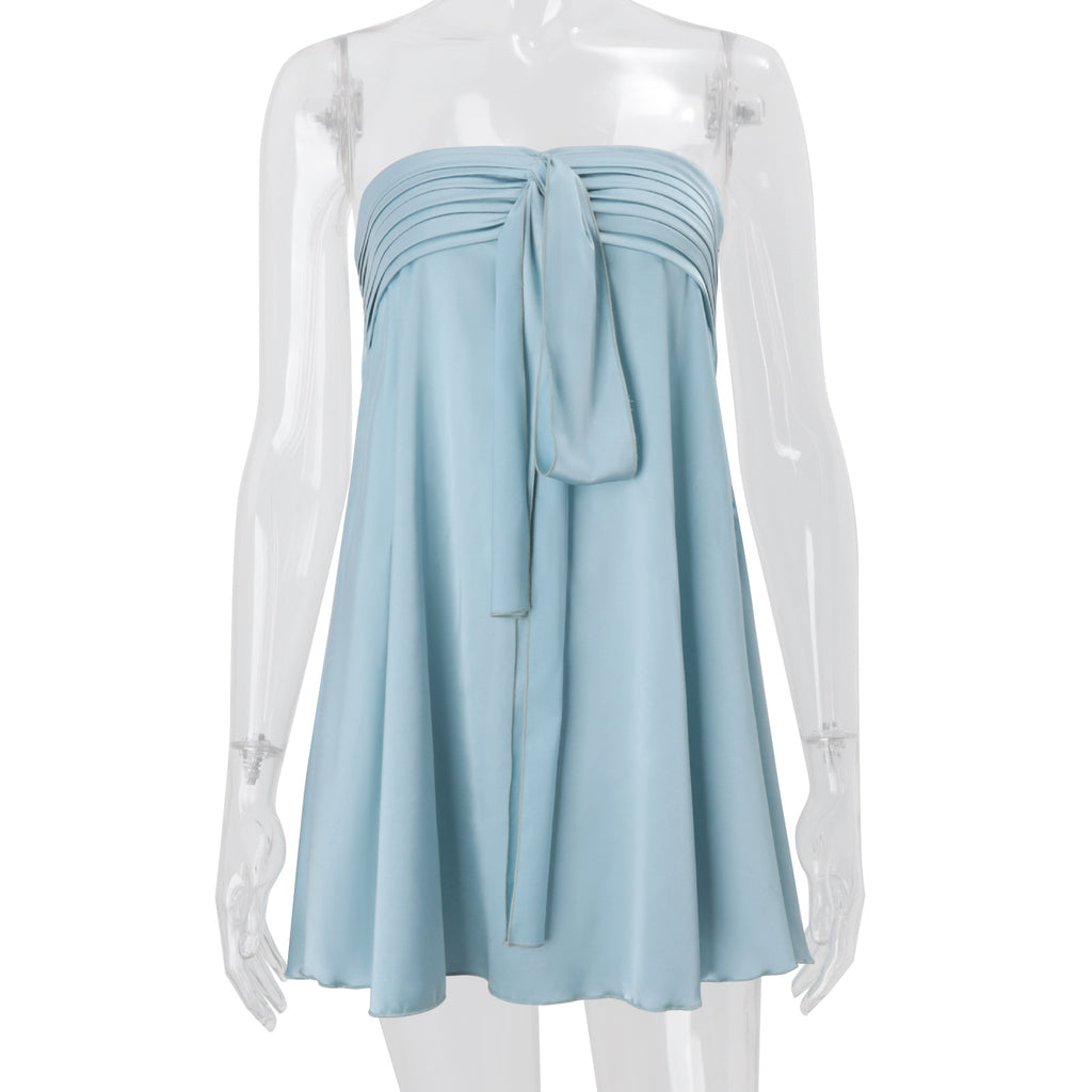 Women's Spring Fashion Hot Street Style Satin Tube Strap Solid Color Dress