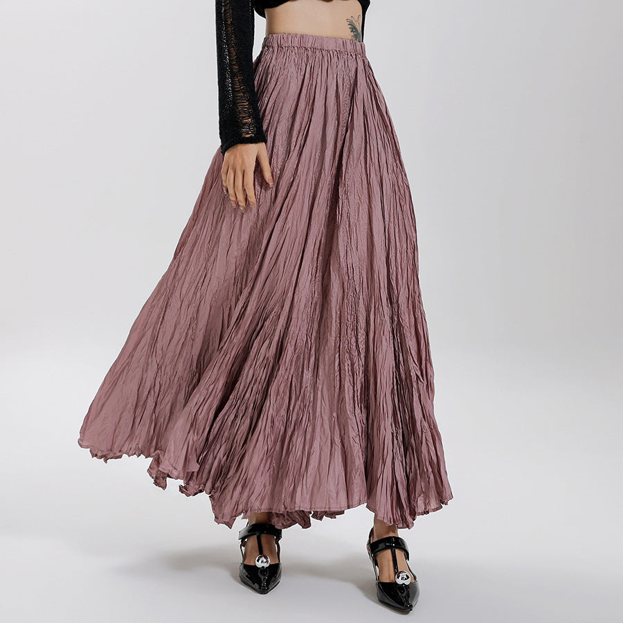 Women's Irregular Pleated A- Line Large Hem Umbrella Elastic High Waist Skirt
