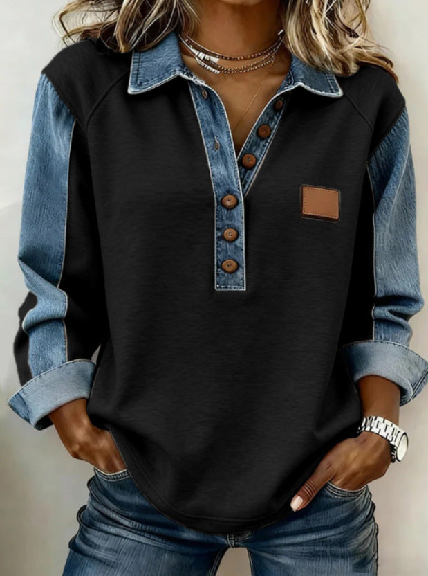 Women's Knitted Lapel Long Sleeve Shirt Casual Stitching Blouse