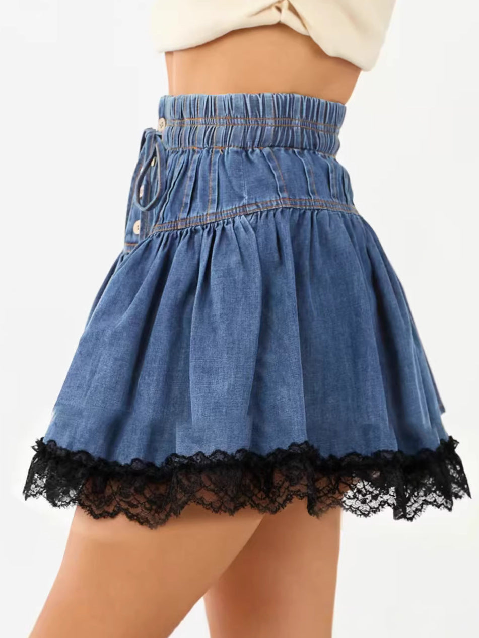 Blue Elastic Waist Denim A- Line Pants