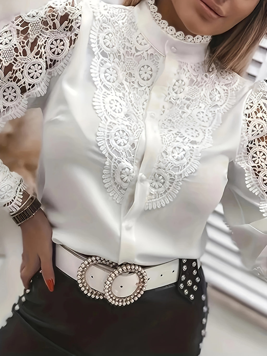 Women's Shirt Long Sleeve Round Neck Hollow Blouse