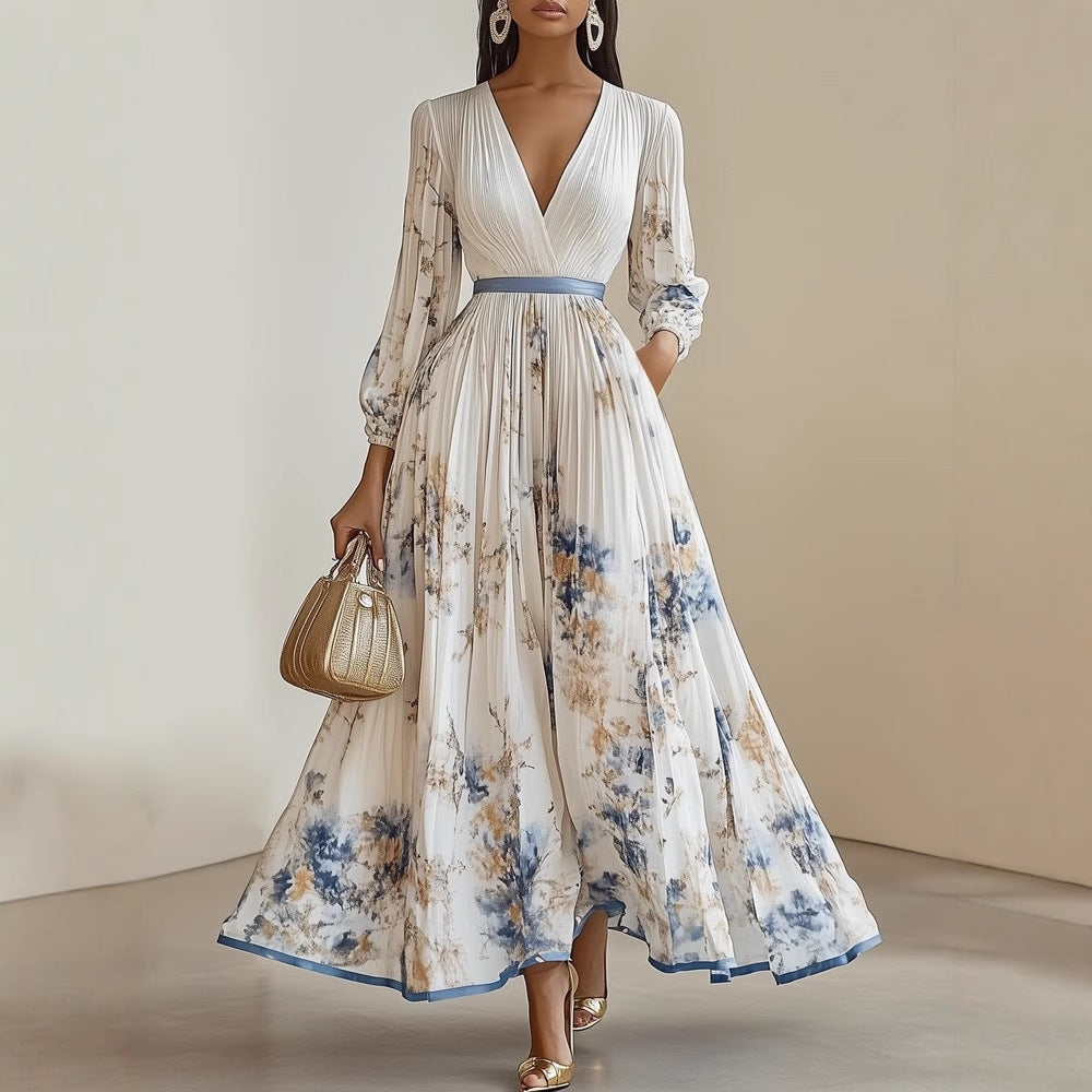 Women's Printed Long Sleeve Fashion Pleated Dress