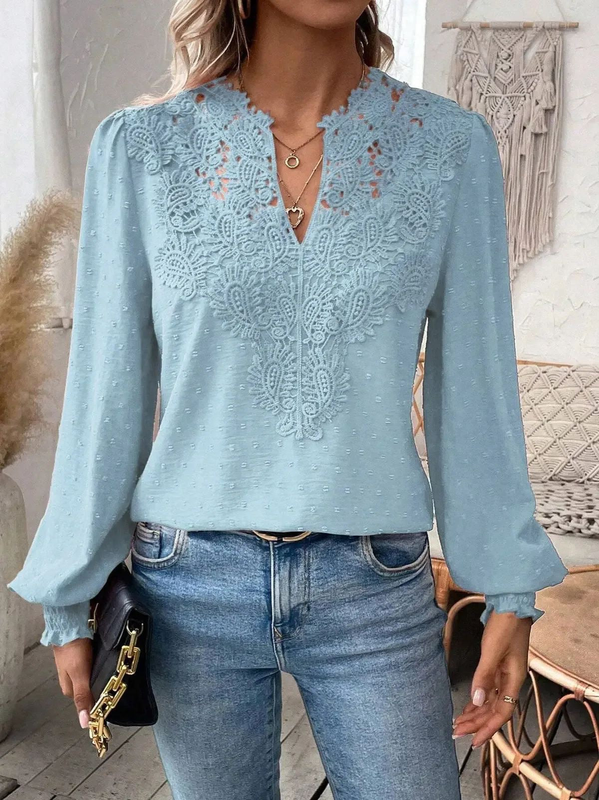 Women's Fashion Lace Solid Color Long Sleeve Women's T-shirt
