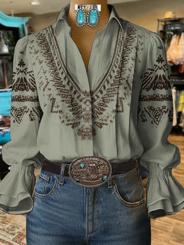 Women's Digital Printing Bohemian Trendy Bell Sleeve Blouse