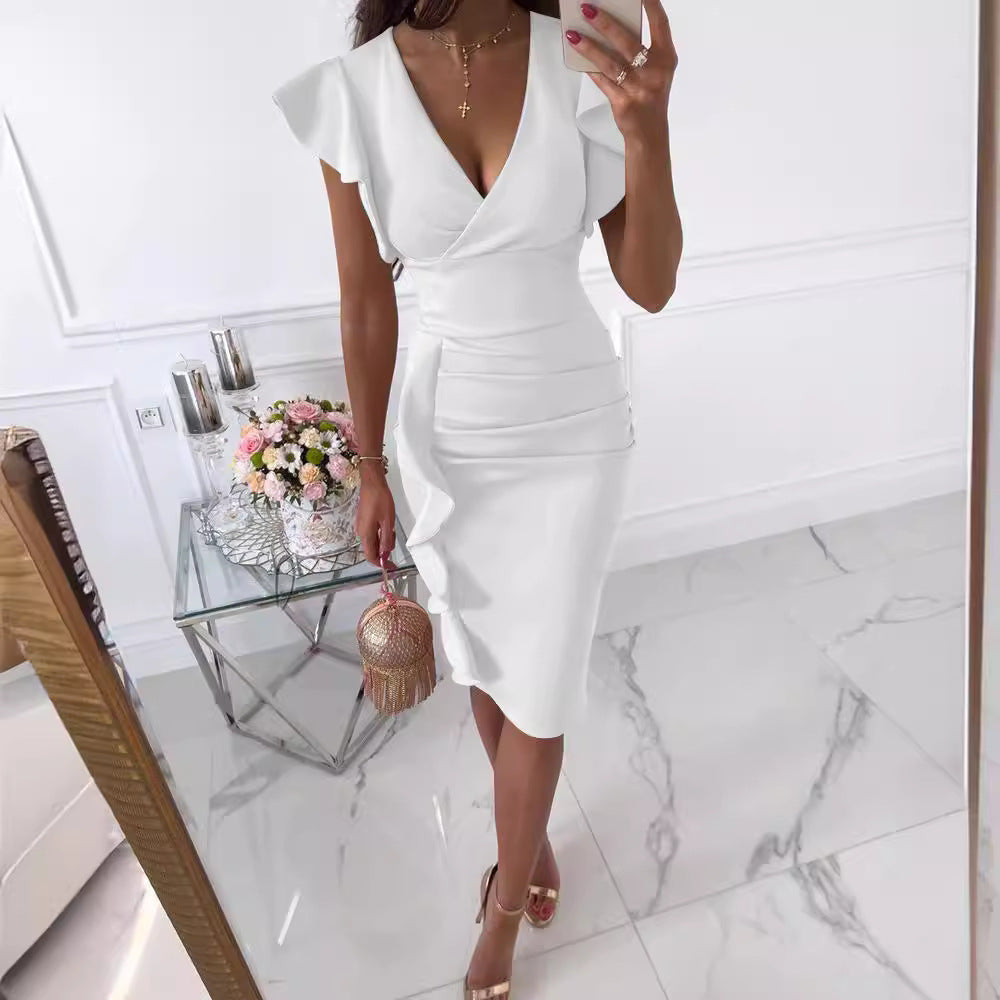 V Sexy High Waist Sheath Pleated Dress