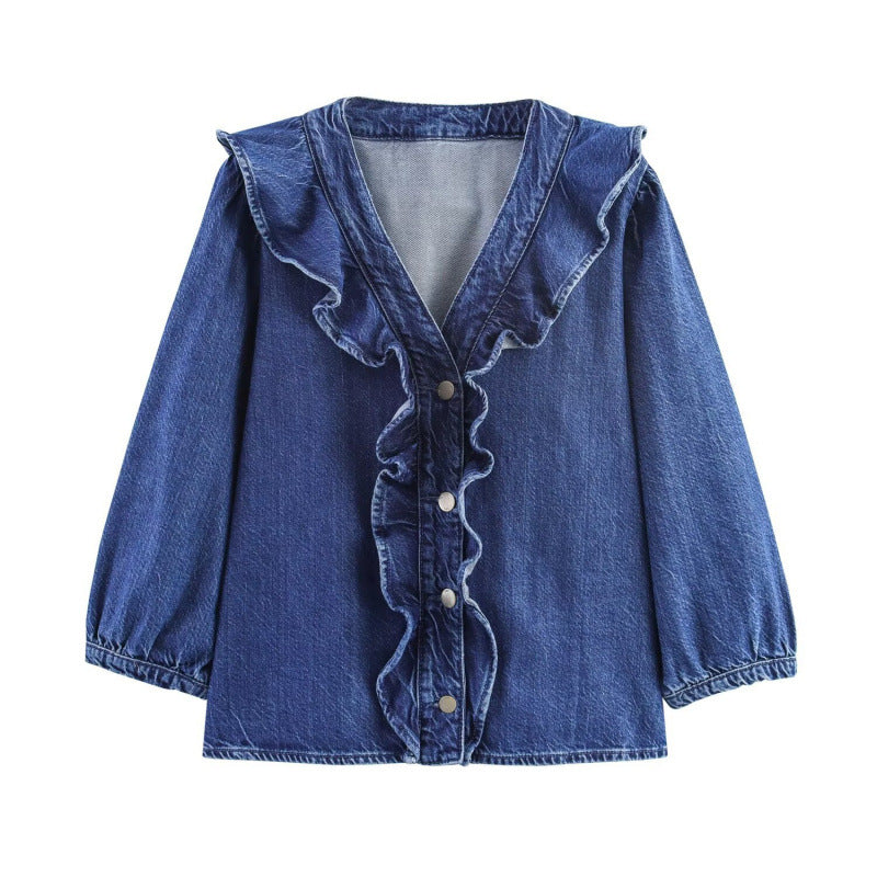 Women's Fashionable Casual Simple Lace Denim Shirt Blouse