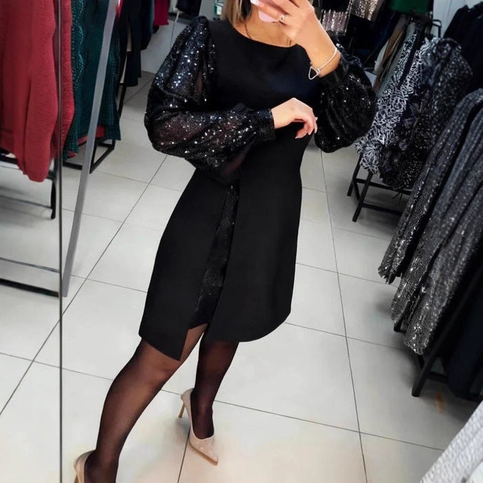 Durable Elegant Stitching Sequined Puff Sleeve Dress