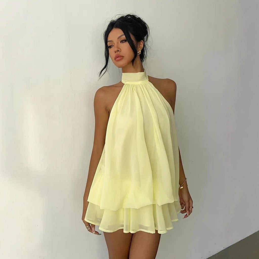 Autumn Chiffon Stitching Halter Sleeveless High Waist A- Dress