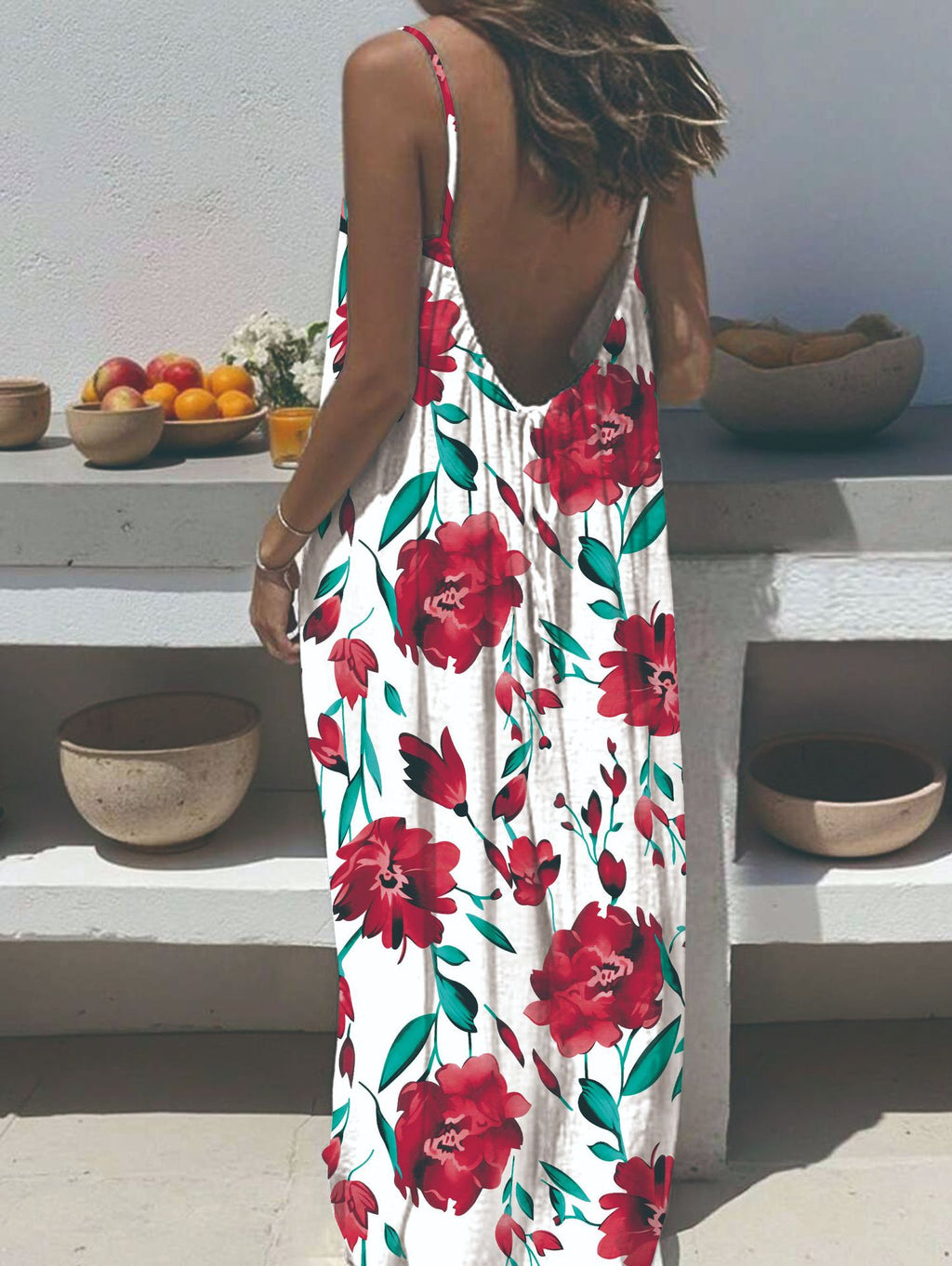 Women's Sling Backless Loose Print Long Dress