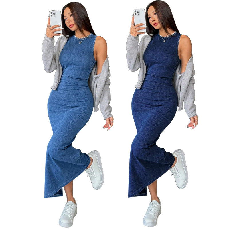 Women's Denim Round Neck Sleeveless Slim Fit Hip Dress