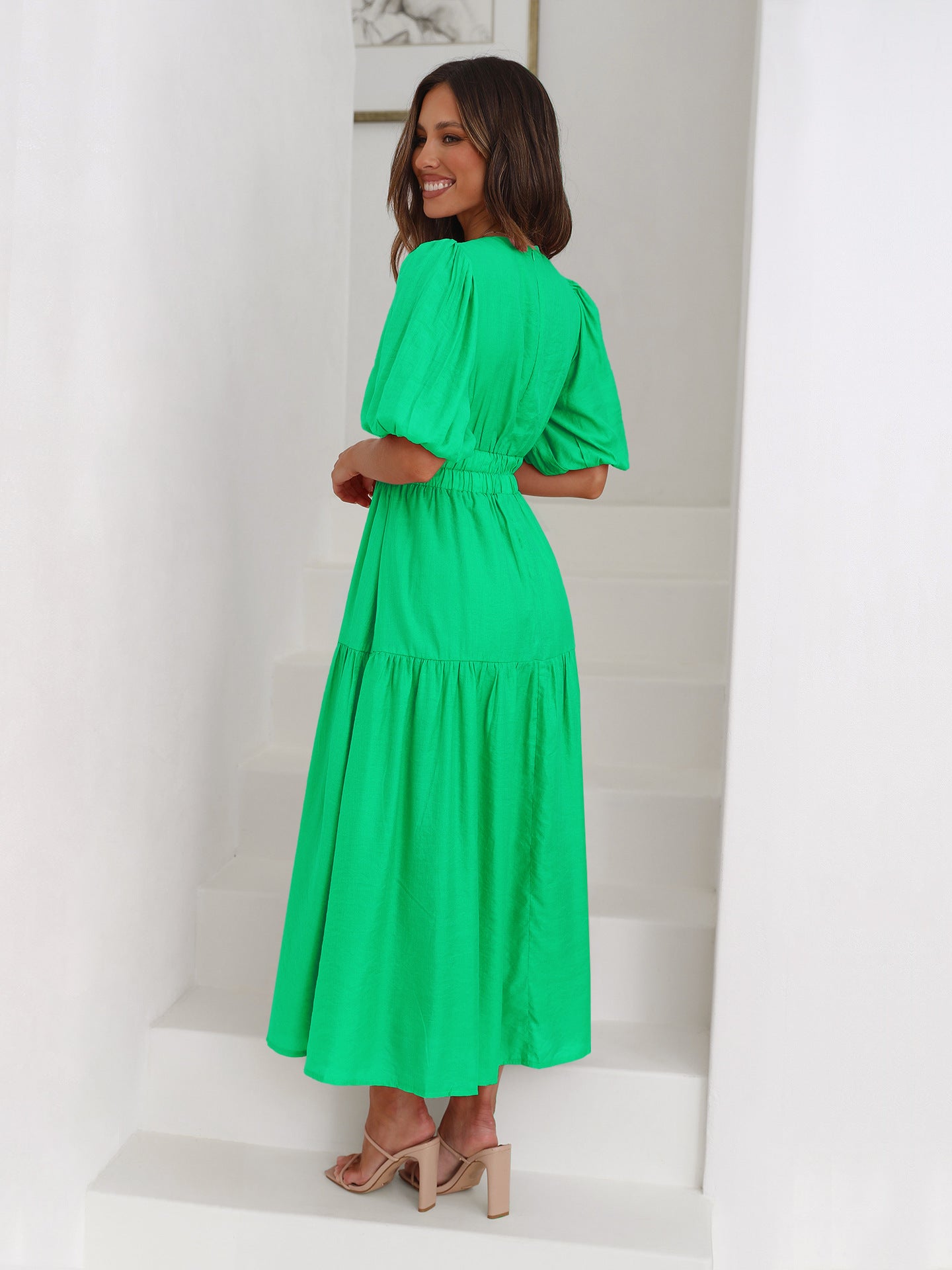 Women's High-grade Deep V Puff Sleeve Holiday Fashion Dress
