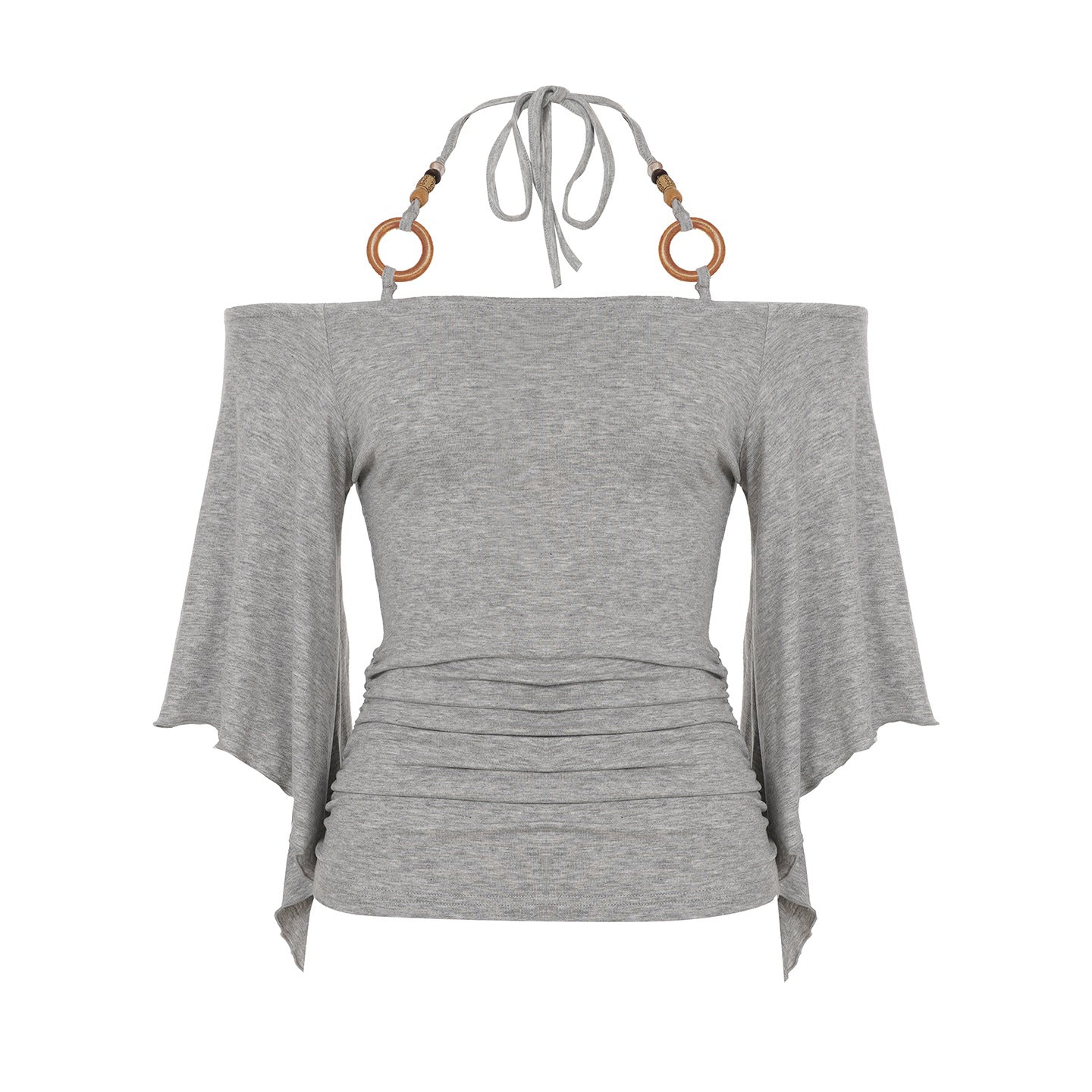 Vintage Stripe Flare Sleeve Hot Beaded Halter Niche Women's T-shirt