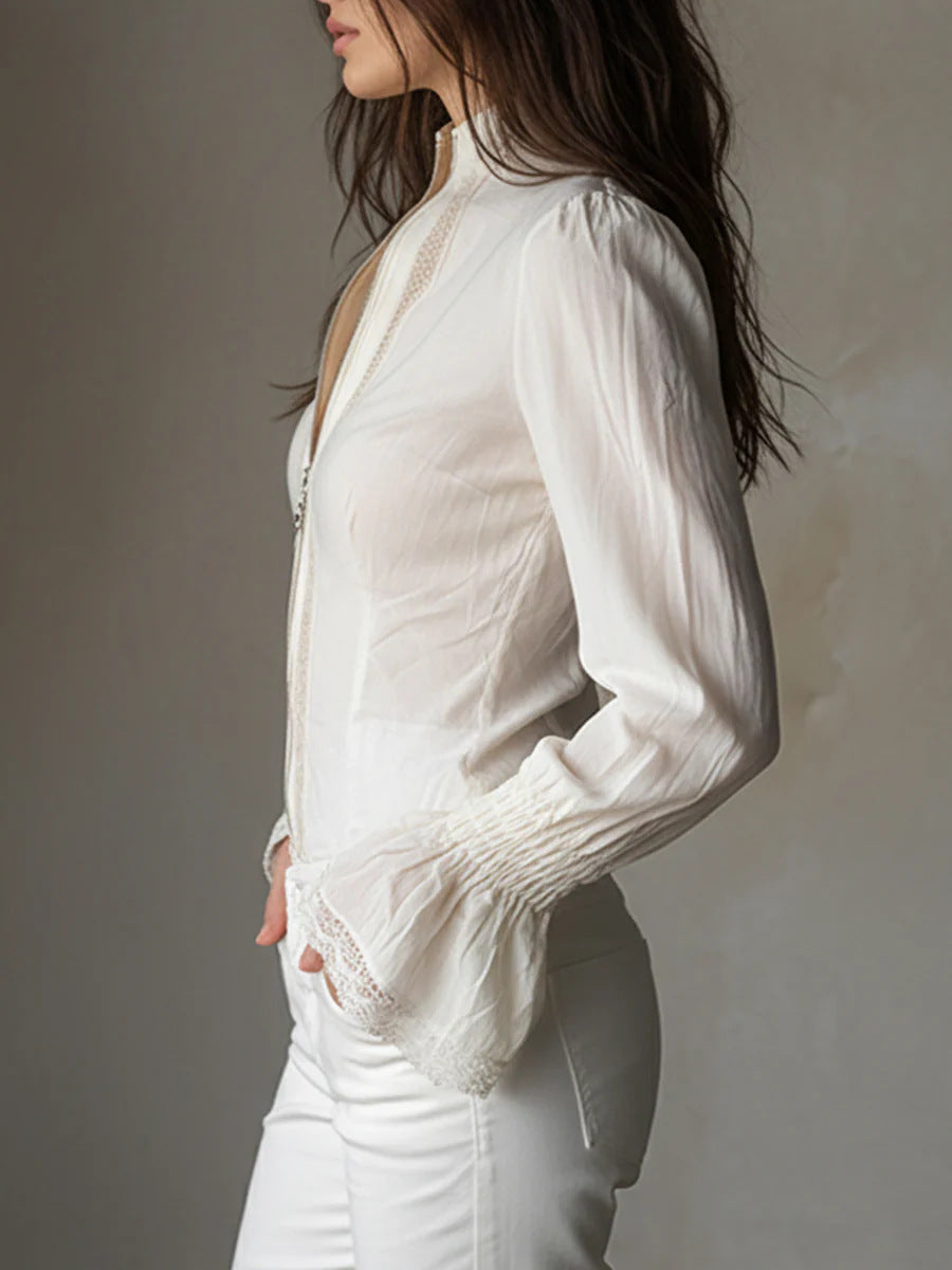 Women's Lace Stitching White Zipper Retro Long-sleeved Tops