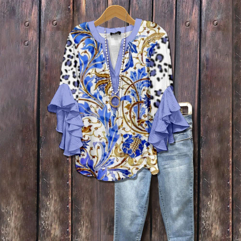 Women's Bubble Wrinkle Floral Element Digital Printing Casual Trend Women's T-shirt