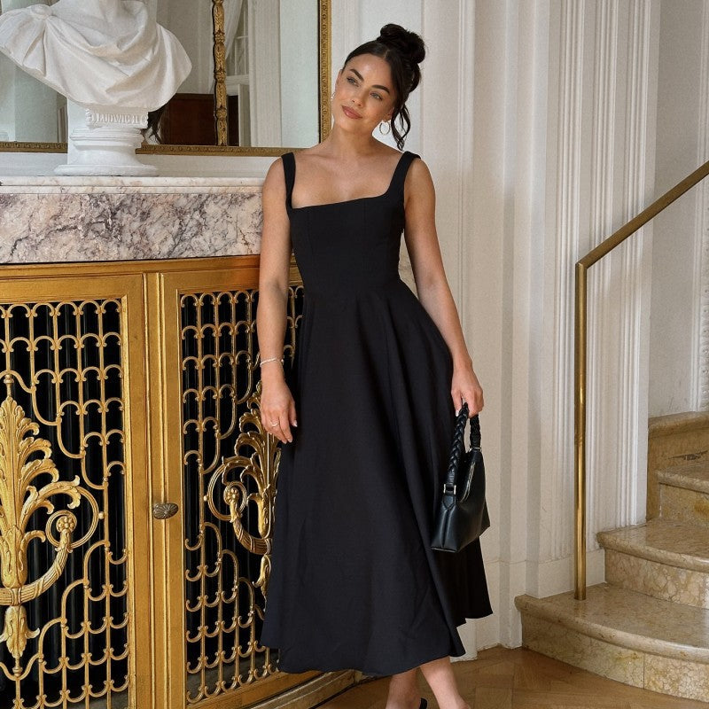 Women's Square Collar Sleeveless Waist Trimming Spaghetti Dress