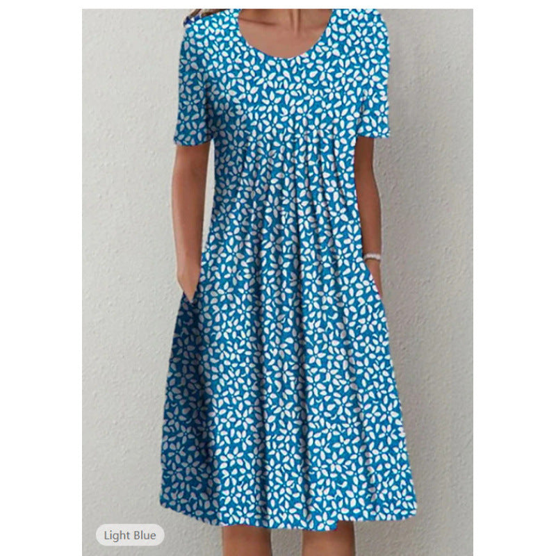 Women's Floral Print Round Neck Pocket Mid-length Clothing