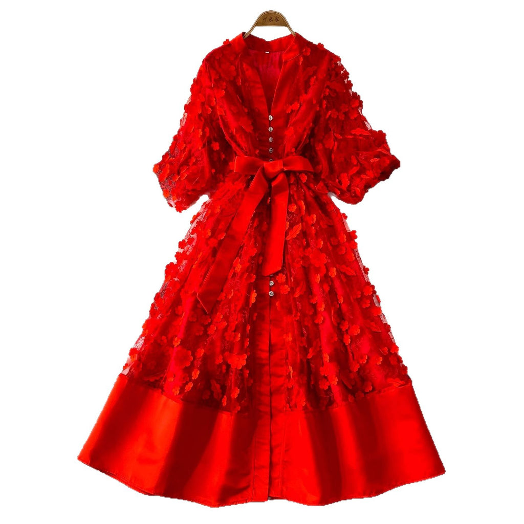 Palace Style Mesh Stitching Three-dimensional Flower Lantern Sleeves Long Sleeve Dress
