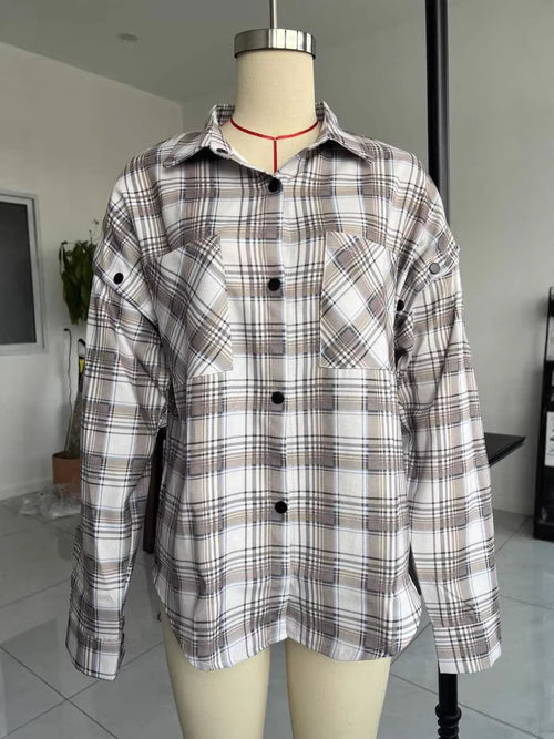 Beautiful Plaid Detachable Long Sleeve Large Pocket Retro Blouse