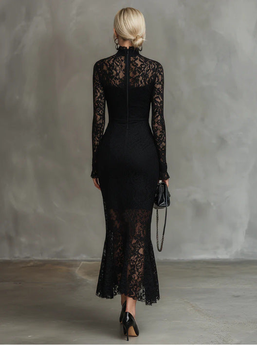 Elegant Party Black Stretch Lace Fishtail Dress