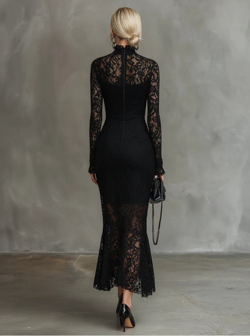Elegant Party Black Stretch Lace Fishtail Dress