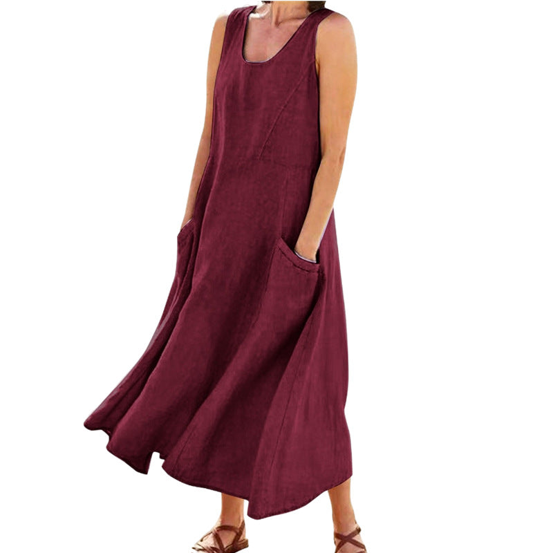 Women's Summer Retro Sleeveless Solid Color Cotton Linen Dress