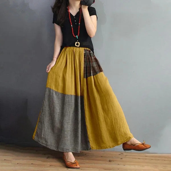 Elastic Waist Color Matching Cotton Linen Skirt