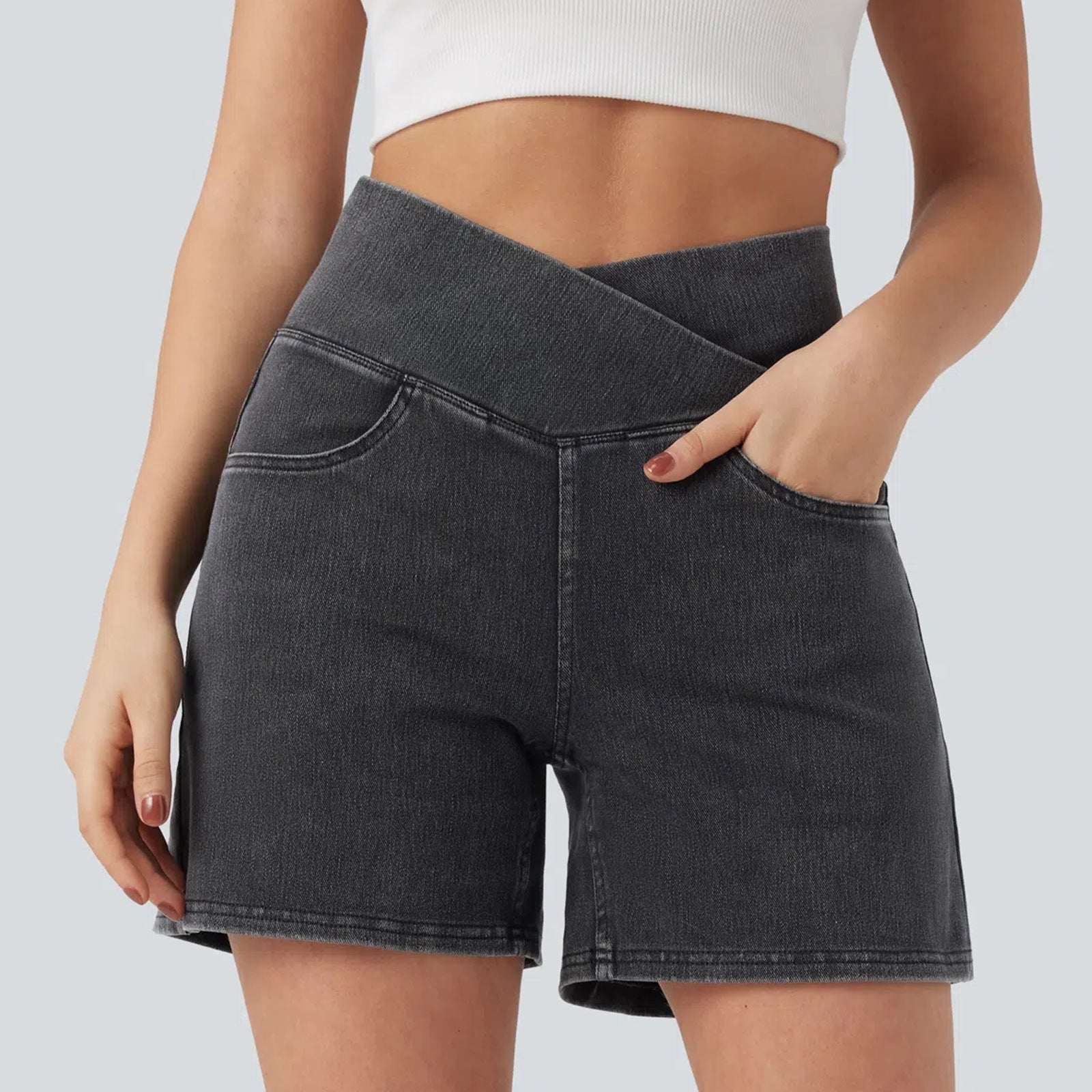 Women's Washed Cross High Waist White Denim Stretch Casual Riding Shorts
