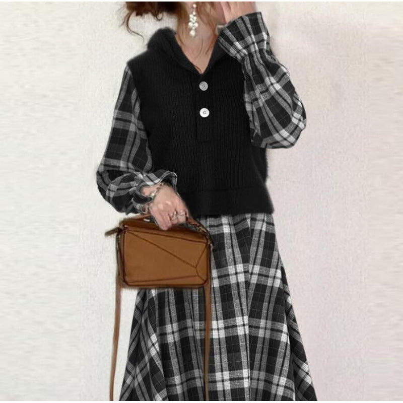 Autumn Loose Plaid Stitching Irregular Hem Dress