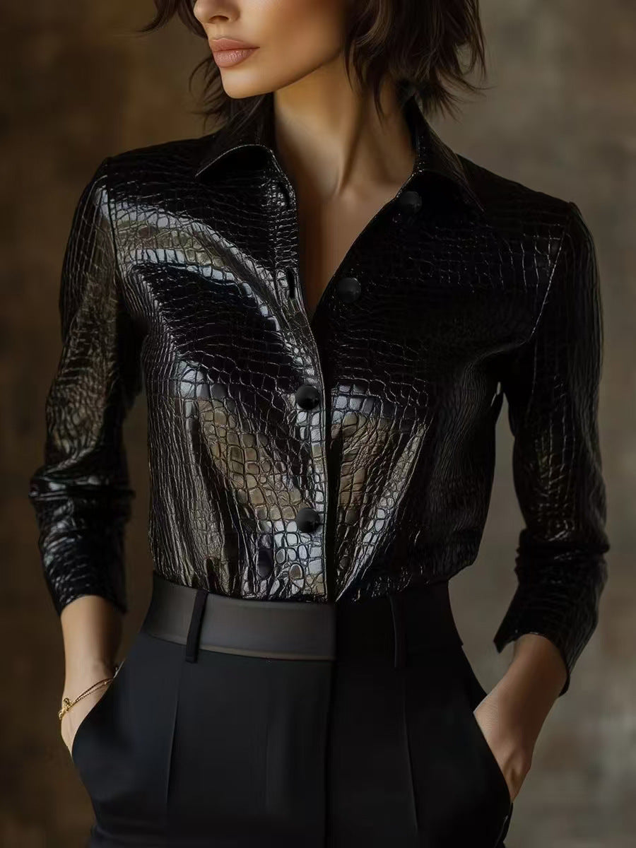 Women's Fashion Long Sleeve Shirt Crocodile Pattern Blouse