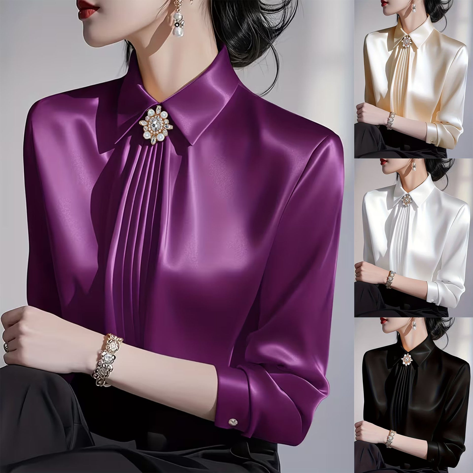 Elegant Graceful Satin Shirt Pleated Long Sleeve Leisure Blouse