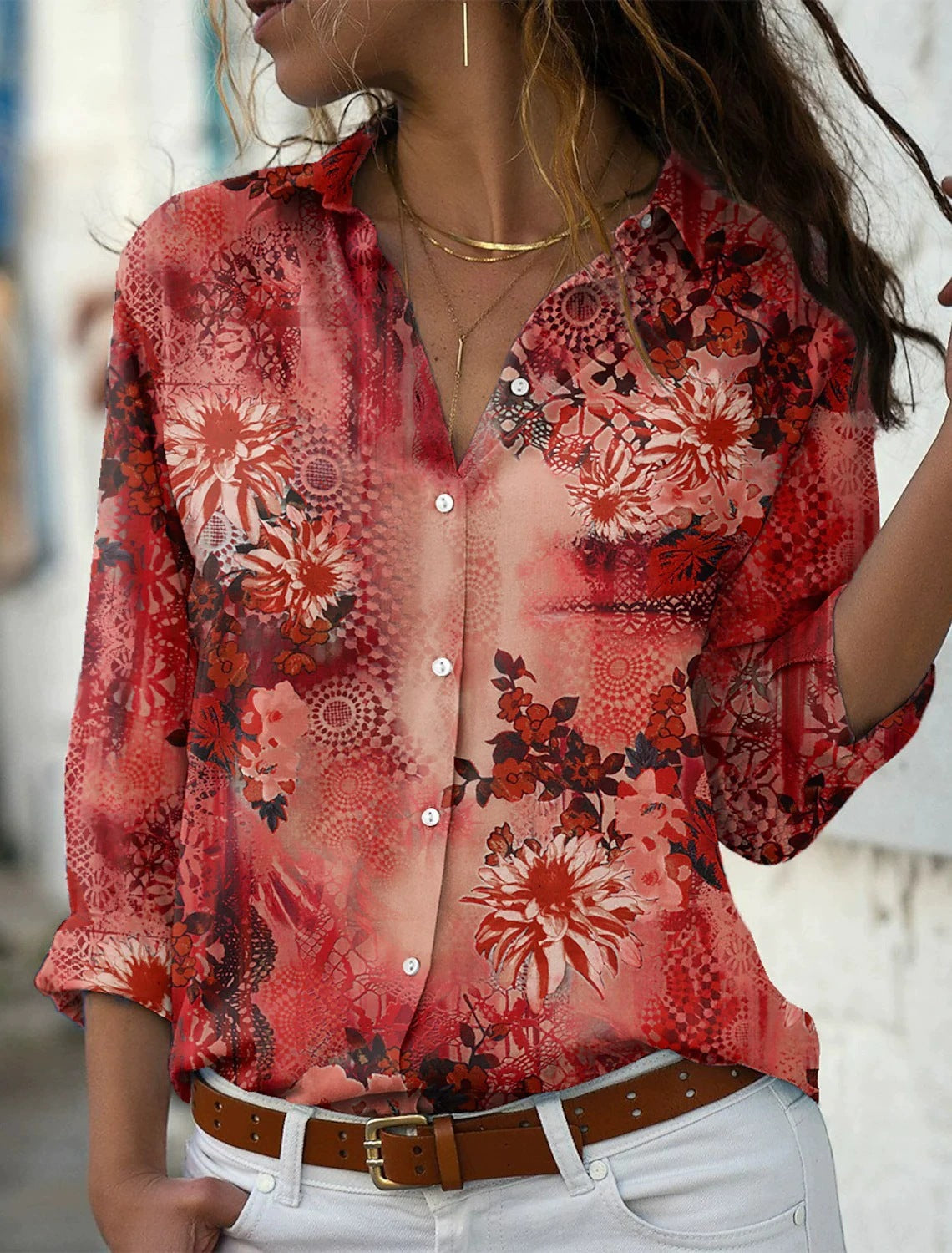 Women's Loose Lapel Long Sleeves Single-breasted Shirt Elegant Blouse