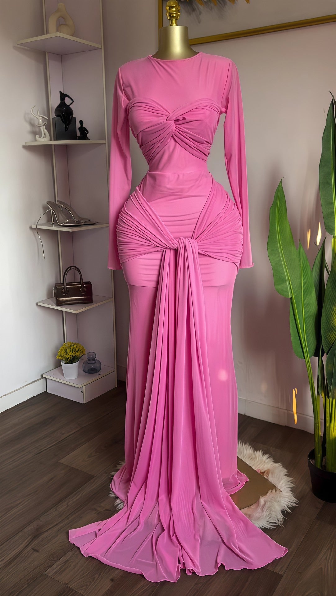 Women's Spring Solid Color Long Sleeve Round Dress